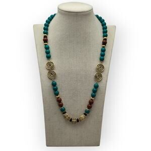 1928 Jewelry Turquoise Blue & Brown Beaded Necklace Gold Spiral Accents